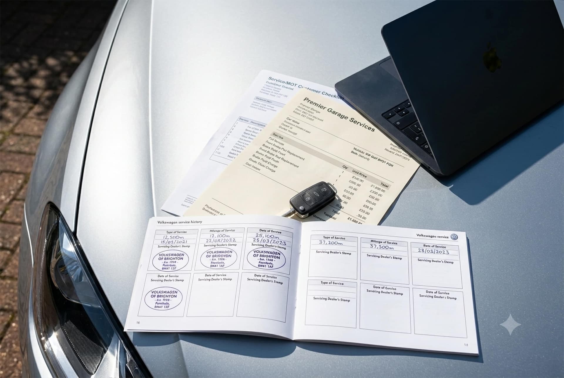 Paper service book, garage invoices and a laptop on a car bonnet