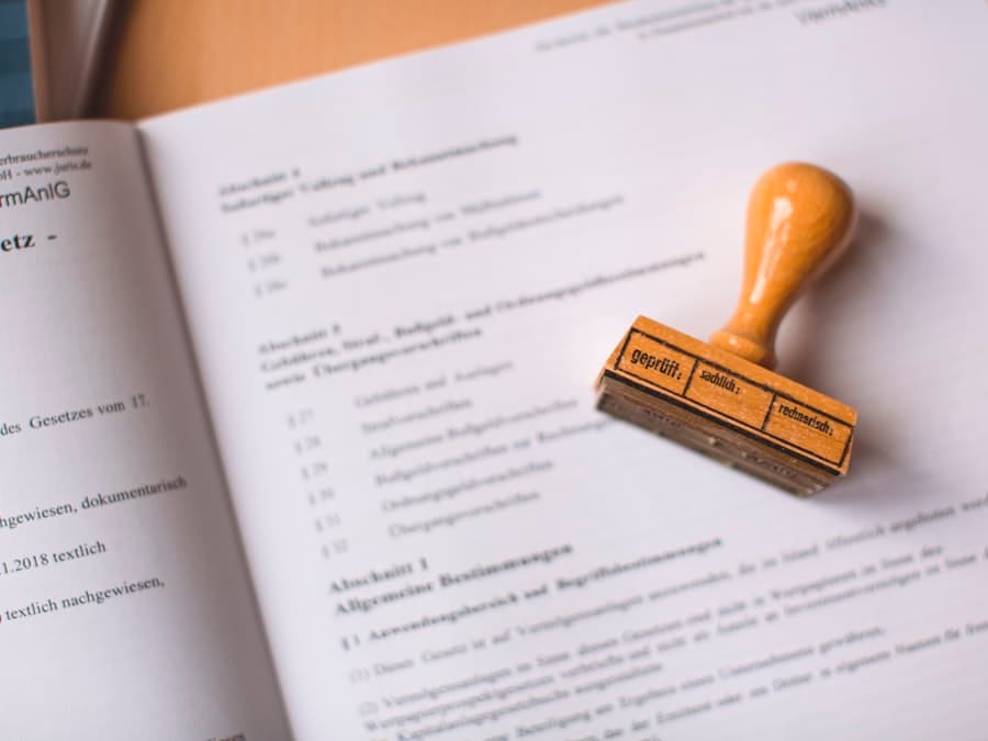 Rubber stamp resting on the open pages of a printed service document